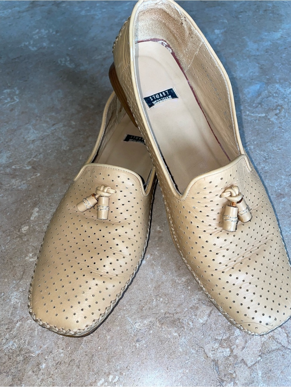 Stuart Weitzman Beige Perforated Leather Tassel Loafers